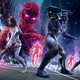 A promotional shot for Marvel's Avengers, with the likes of Black Panther and Hawkeye stood in front of some red glowy menaces.
